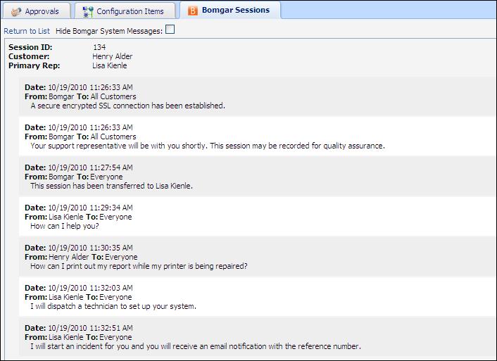 Use the View Chat Logs link on the Bomgar Sessions tab to display text from the chat as well as Bomgar system messages.