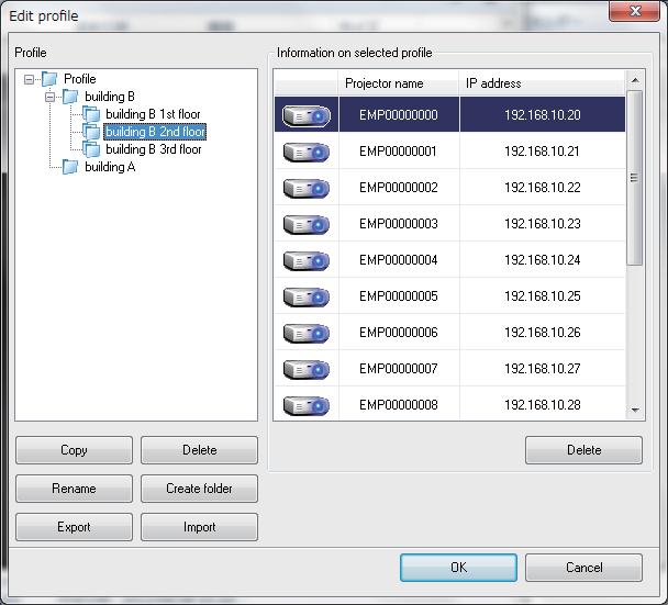 Profiles 65 SSID or IP ddress Delete Deletes the selected projector from the profile. When ll projector informtion is deleted, the profile is lso deleted. "Profiles" p.64 "Mking Profile" p.