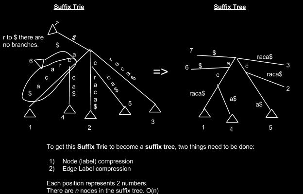 > If we take a given node the branches from that node will have different symbols > These trees have algorithms that were used to construct them(in slide handout) > Look at SUFFIX TREE FROM LCA LIST