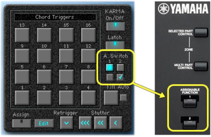 Sw2 changes the lead sound from a mono sync lead to a vocal pad and if the checkboxes under the buttons are turned on in the Performance, the settings can be stored in the scene.