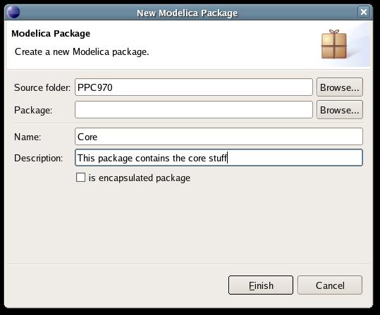 3 OVERVIEW 13 Figure 3: Creating a new Modelica package can select modifiers that add code blocks to the generated code.