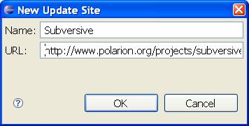 Fill in the Dialog Box On the New Update Site dialog enter the name of the update site and URL. Use the following values: Name: Subversive URL: for Subversive 1.1.x: http://www.polarion.