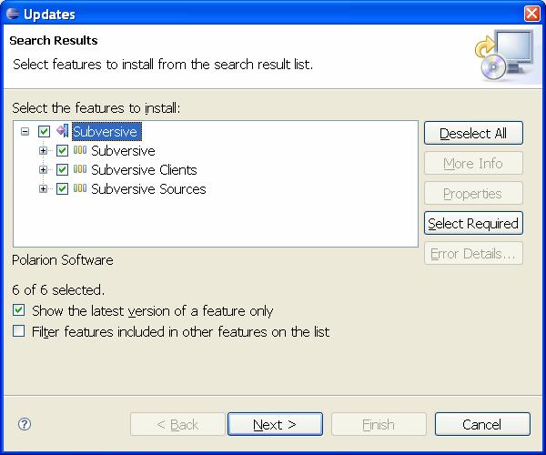 Installing Subversive Features You will then be asked to select the features to install. It is safe to install all features.