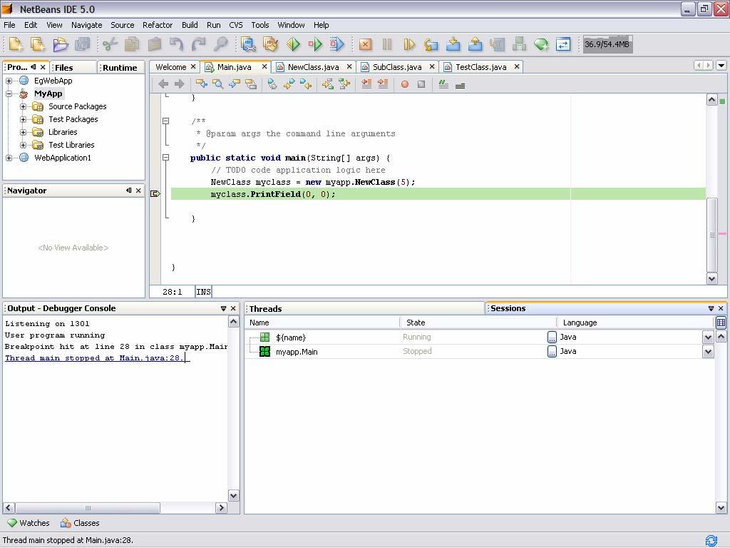 Java Applications» Compiling, Running and Debugging a Project» Debugging a Project» Session Window The Sessions window lists the debugging sessions currently running in the IDE.
