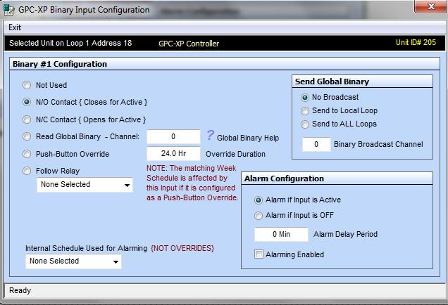 Section 5: Configuring Binary Inputs Binary Input Type Configuring Binary Inputs Left-click on the ON or OFF button to the right of Binary Input #1 in the Binary Input Window (Figure 24, page 17) to