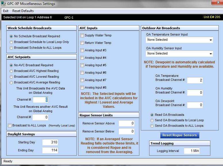 Section 11: Miscellaneous Settings Screen Components Miscellaneous Settings Screen The Miscellaneous Settings Screen includes settings for Week Schedule Broadcasts, AVC Inputs, AVC Setpoints, Rogue