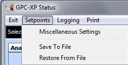 From the top toolbar of the GPC-XP Controller Status Screen (Figure 8, page 11), click <Setpoints> and then click <Restore From File>. See Figure 98 below.