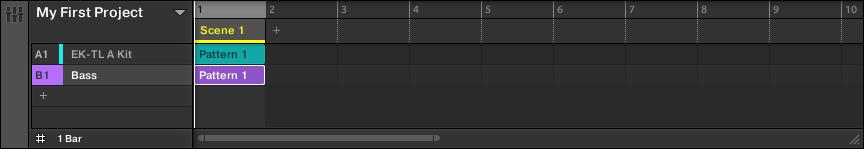 Creating a Song Using Scenes Creating Clips in the Arranger The Arranger is where you organize your Scenes in order to build up a song. Here, only the first Scene slot is used.