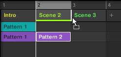 Creating a Song Using Scenes Preparing Scenes Moving a Scene renamed Break it Down between Scenes Pt A and Pt A+. You can also choose custom names and colors for your Pattern slots.