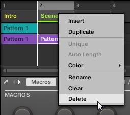 Creating a Song Using Scenes Preparing Scenes To delete a Scene in the Arranger: Right-click ([Cmd] + click on Mac OS X) for example the Scene slot 2 and select Delete in the context menu.