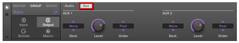 Using Advanced Features Using Other Sound Sources 10. Click the Aux parameter page. 11. In the Aux 1 section, click the label None of the Dest. (destination) selector.