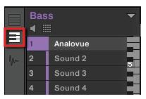 Adding a Bass Line Loading a Plug-in Instrument for the Bass The Keyboard View button. The Pattern Editor shows a vertical keyboard at the right of the Sound slots.