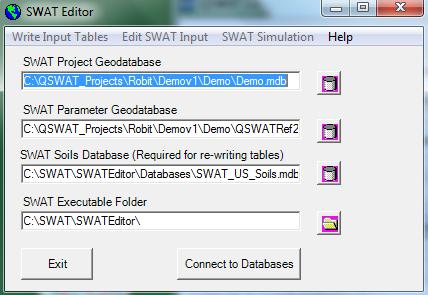 Figure 24. Connecting the Demo project to SWAT databases 33. Click Connect to Databases to connect to the project database and to the SWAT reference database SWATRef2012.mdb.