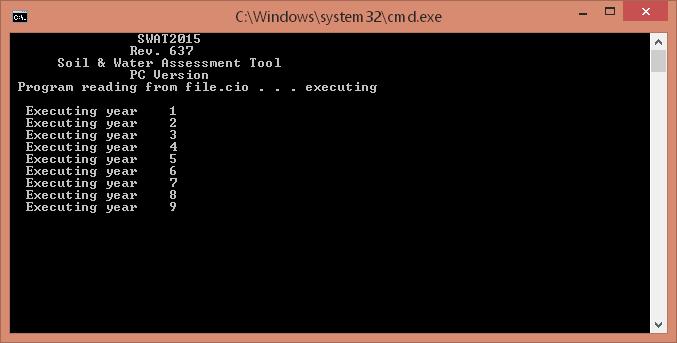 Figure 27: Running SWAT 39. If the run is successful the command window will close and a message box will say that SWAT was run successfully. Click OK. 40.