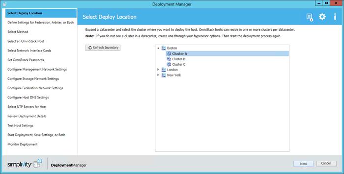 Expand a datacenter and select a cluster for deployment. Click Refresh Inventory to update the contents if necessary.