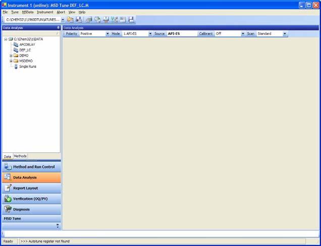ChemStation Views MSD Tune View Title Bar MSD Tune Toolbar Status Bar File Selection View Selection Message Line MSD Tune Toolset This toolset is present in MSD Tune view.