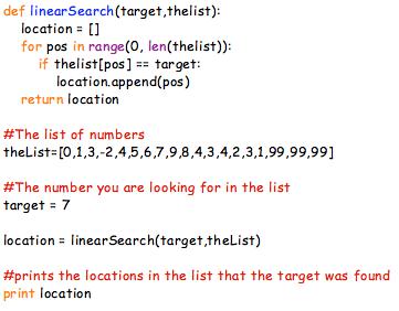 Linear Search The user is searching for the target of 7. An empty array is setup called location.