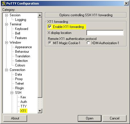 Windows: To enable X11 forwarding from PuTTY GUI, click PuTTY -> Connection