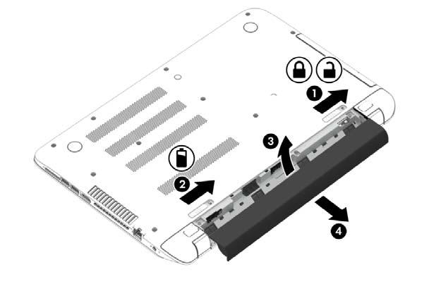 3. Pivot the battery upward (3) and remove it from the computer (4).