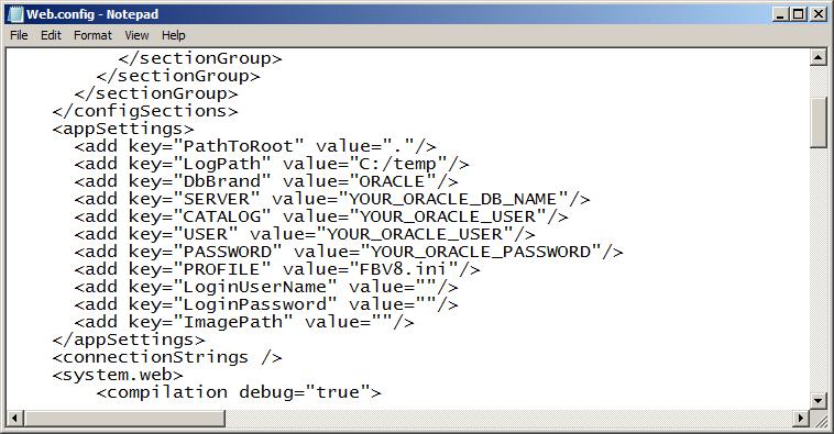 config with a text editor and search for the section <appsettings>: <add key="server" value="your_oracle_db_name"/> Enter here the name of the Oracle Instance, e.g. MC <add key="catalog" value="your_oracle_user"/> Enter here the name of the Oracle User, e.