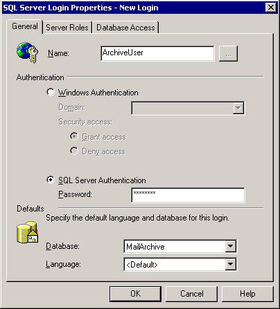 Screenshot 9 - Specifying authentication mode 6. A new dialog opens up. Enter the login name (example 'ArchiveUser') in the 'Name:' edit box.