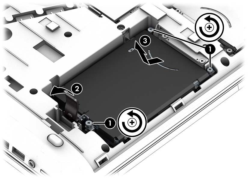 6. Loosen the 3 hard drive screws (1). Open the hard drive latch (2), and then remove the cover (3). 7. Lift the hard drive (3), and then pull the hard drive out of the hard drive bay.