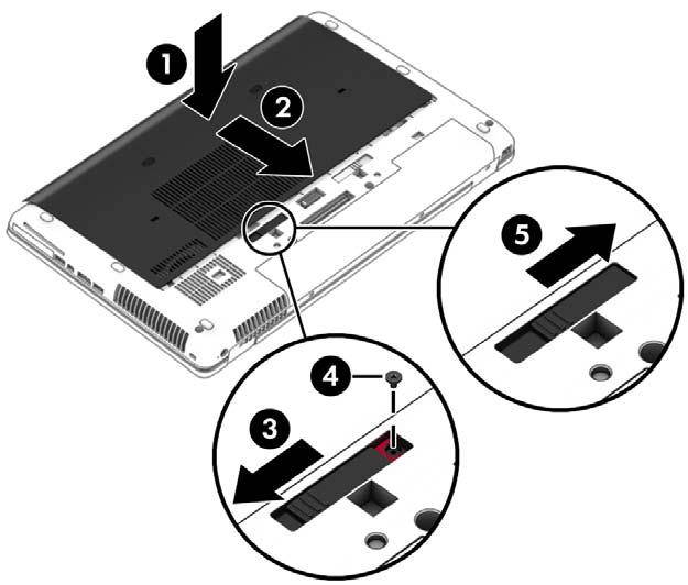 4. With the battery bay toward you, slide the service cover release latch to the left (3), and if you choose to, insert and tighten the optional screw (4) to hold the service cover in place.