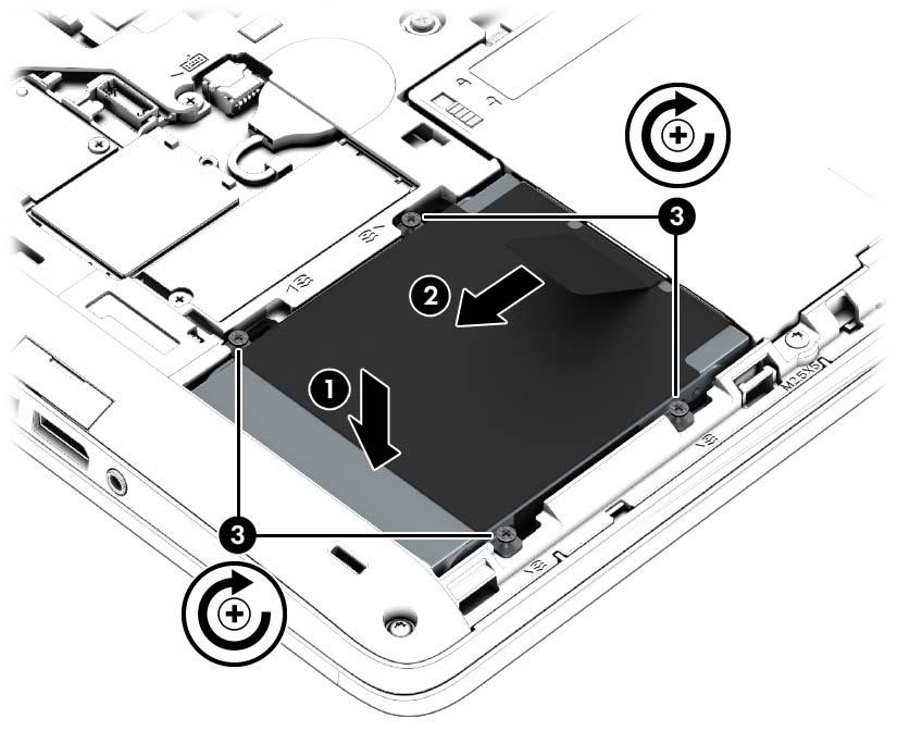 6. Loosen the 4 hard drive screws (1). Slide the hard drive (2) forward, and then remove the hard drive (3).