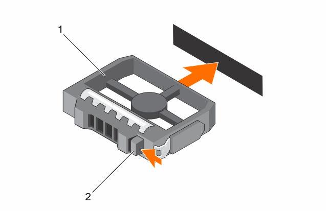 Figure 9. Removing and installing a 3.5-inch hard disk drive blank 1. hard disk drive blank 2. release tab Installing a hard disk drive blank 1. If installed, remove the front bezel.