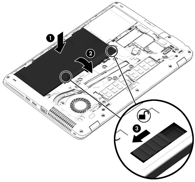 3. Insert the battery (1) into the battery bay at an angle and then press down on the battery (2) until it is fully seated. The battery release latch (3) automatically locks the battery into place.