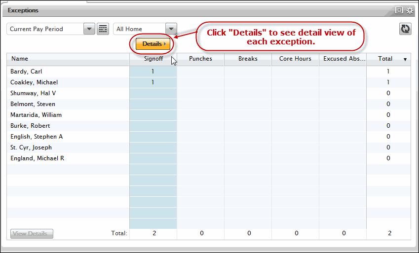 Detail view showing one employee s exceptions or all employees with the same type of exception. This is where you will manage and resolve the exceptions.