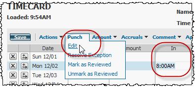7. If canceling meal deduction, click in either the IN or OUT punch, then select Punch ~ Edit to open the Edit Punch dialog.