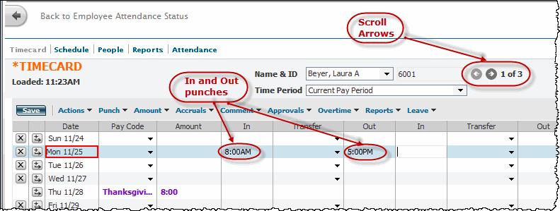 several employees, select the desired employees from the Attendance status workspace, select Timecard, then scroll through the scroll through the