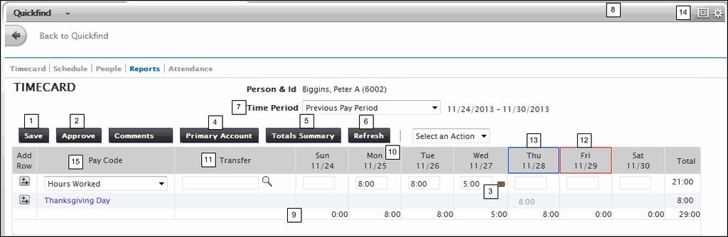 Timecard Workspace Summary Project View Employees, Quickfind View The manager view of Project Employees is different depending whether the view is from Attendance Status or Quickfind.