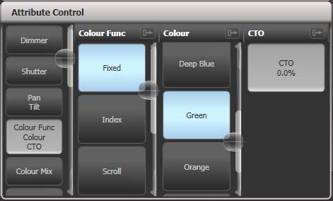 5 Setting attributes using the touch screen For attributes with fixed values such as gobos and fixed colour wheels, the Attribute Editor window can be Touch here to open easier to work with than
