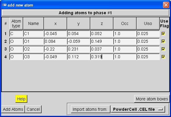Figure 25: Add new atoms dialog. Click in Add Atoms to finish.