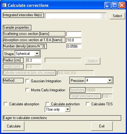 Figure 19: Initial appearance of the calculate corrections GUI. Table I: Scattering and absorption cross sections of C, O and H (values taken from http://www.ncnr.nist.gov/resources/n-lengths/).