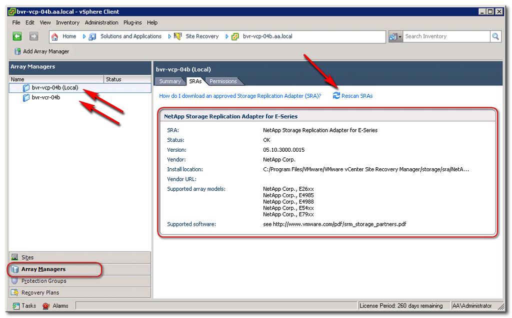 Figure 3 - SRM Rescan SRAs. 15. Select the Site Recovery folder for the peer location and repeat the previous step. 16.