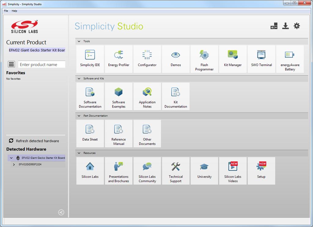 Integrated Development Environment 7. Integrated Development Environment Figure 7.1. Simplicity Studio Simplicity Studio includes various examples in source form to use with the Starter Kit.