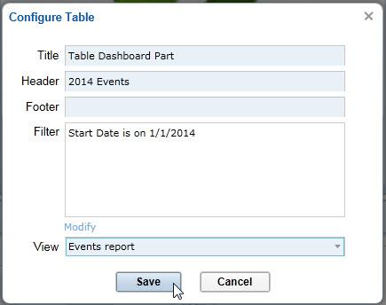 The Table Dashboard Part The Table dashboard part is a new generic dashboard part that will use a Saved Search or View to construct the table.