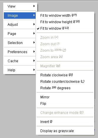 Image menu The image menu provides options to change the zoom factor, magnify, rotate, flip, enhance mode and invert of the displayed image.