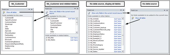 16.2 FORM DESIGN TOOLS 210 The field list comes in three flavors: Display only data source form is bound (linked) to.