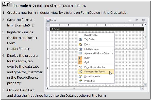 17.1 FORM FORMAT PROPERTIES 212 Caption Property: The form title bar displays the form object name in form view if left blank. The caption property allows the user to provide a new form title.