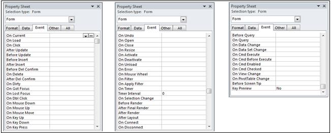 17.3 FORM EVENT PROPERTIES 231 The events tab contains many properties, the so-called event properties. One can create code or a macro and set it to one of these event properties.