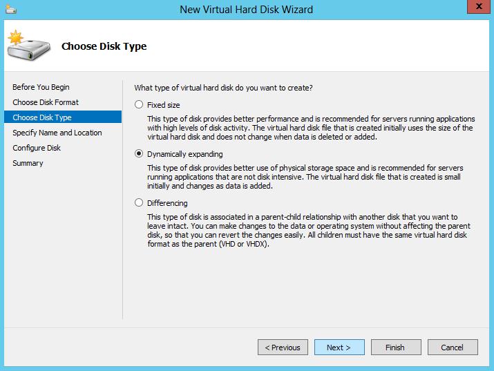 Click Next to continue to the Choose Disk Format page. 5. Select to use VHDX format virtual hard disks.