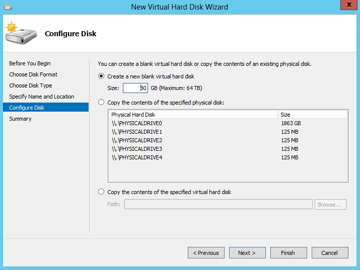 Hyper-V deployment example 23 10. Click Next to continue to the Configure Disk page. 11. Select Create a new blank virtual hard disk, then enter the size of the disk in GB.