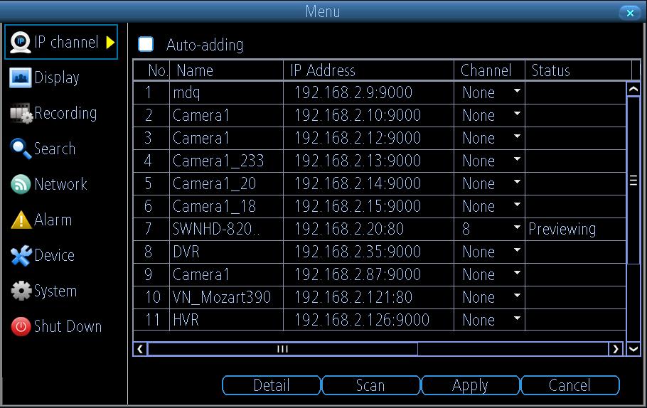 4 IP Channel The IP Channel menu enables you to view specific information about cameras that are currently connected to your DVR such as channel number, IP address and status.