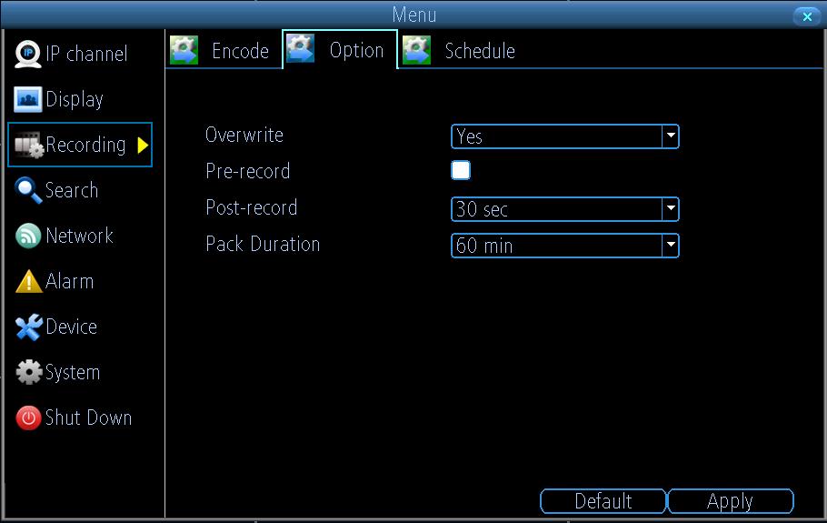 Set additional record settings: Overwrite: Sets to overwrite the HDD to continue recording when it is full.