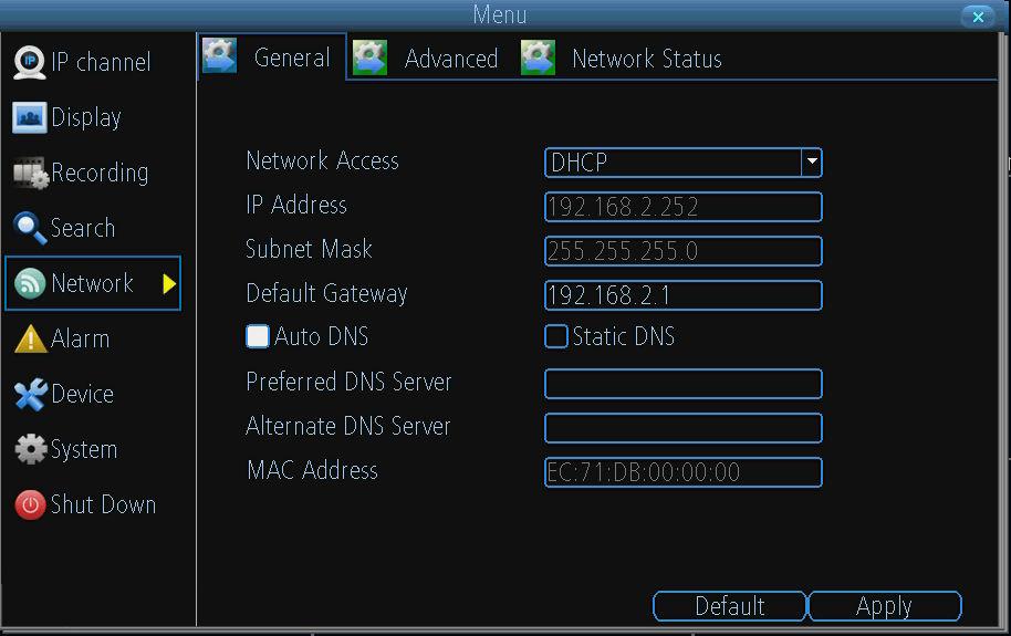 8 NETWORK SETTINGS 8.1 Configuring General Settings 1. Network Access: Here you can choose between the three different types of networks that the DVR can be connected to.