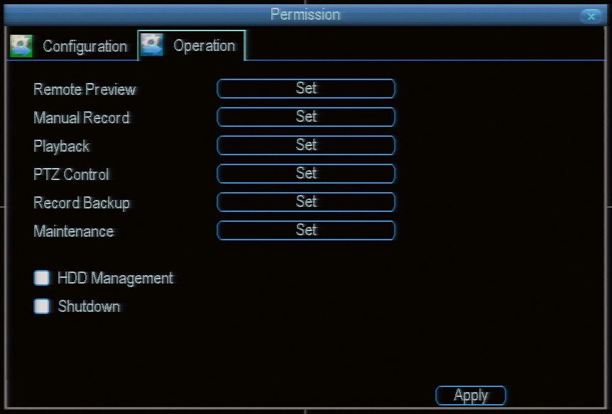 5. Configure privileges for operation under Operation tab.